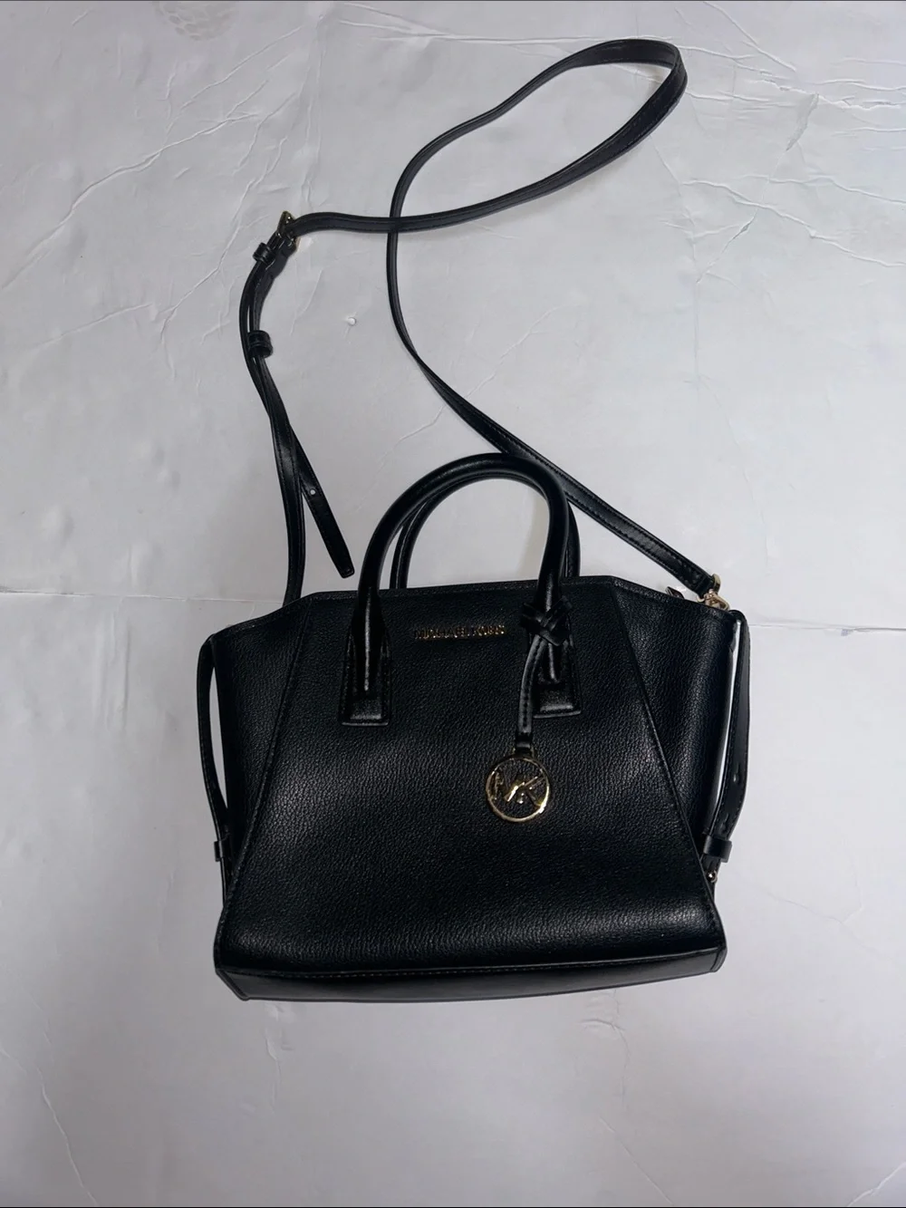 Michael Kors Black Pebbled Leather Satchel with Gold-tone Charm